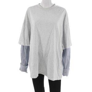 Lion Women Tunic Gray Striped Cotton Crew Neck Long Sleeve Pullover Size M